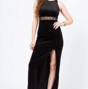 Vintage Size 10 Black Velvet Maxi Dress with High Slit